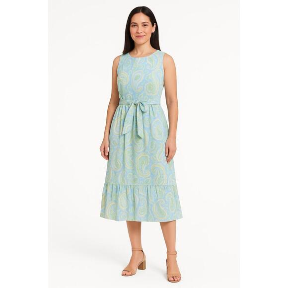 Talbots Pastel Paisley Pattern Tie Waist Sleeveless Midi Dress Petite 10 - Picture 2 of 10